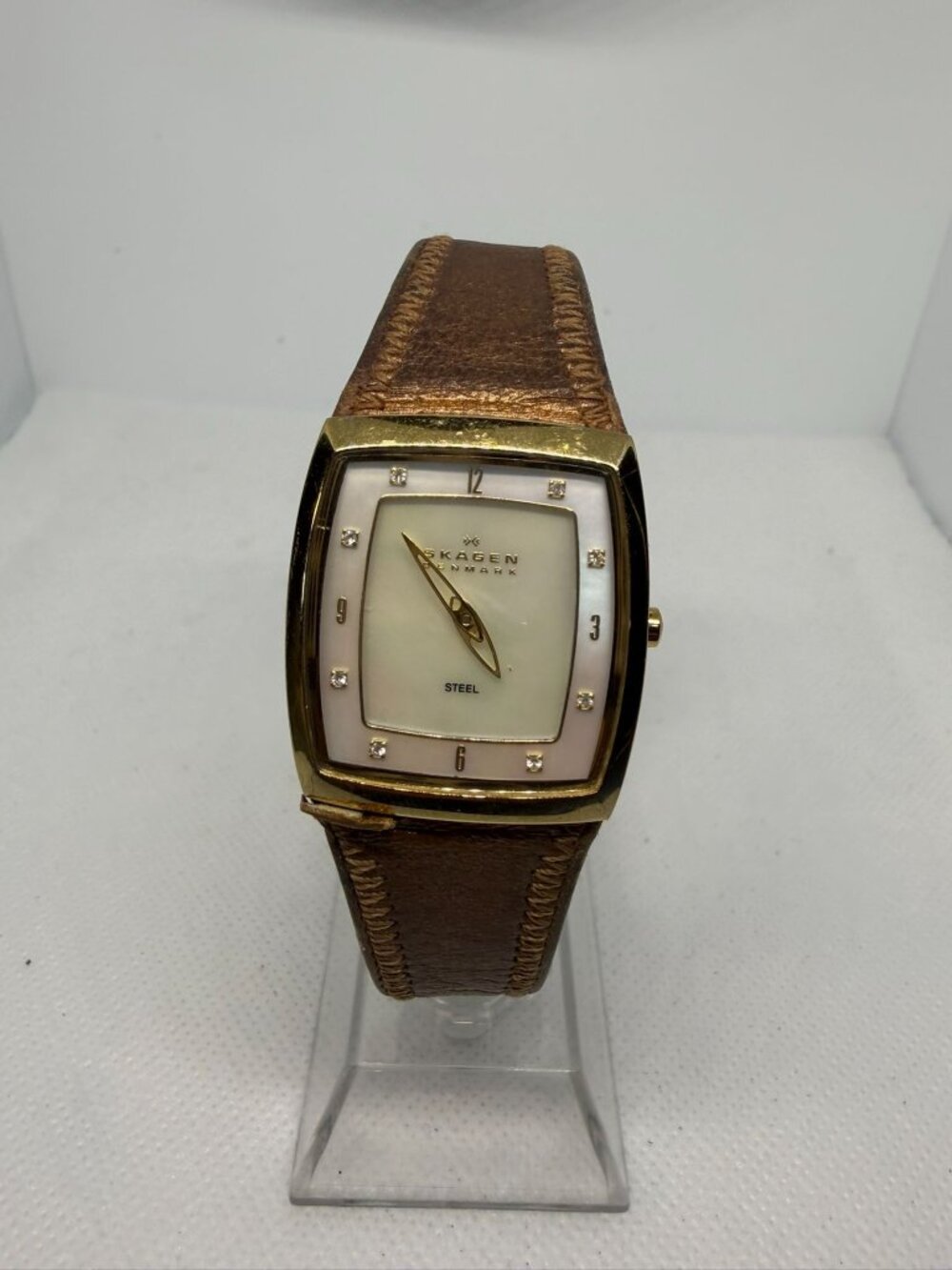Skagen 380SGLD Square Gold‑Tone Case Brown Leather Strap Women’s Quartz Watch